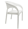 Sillón apilable blanco con textura de ratán y patas de acero para terrazas y jardines en Torrevieja