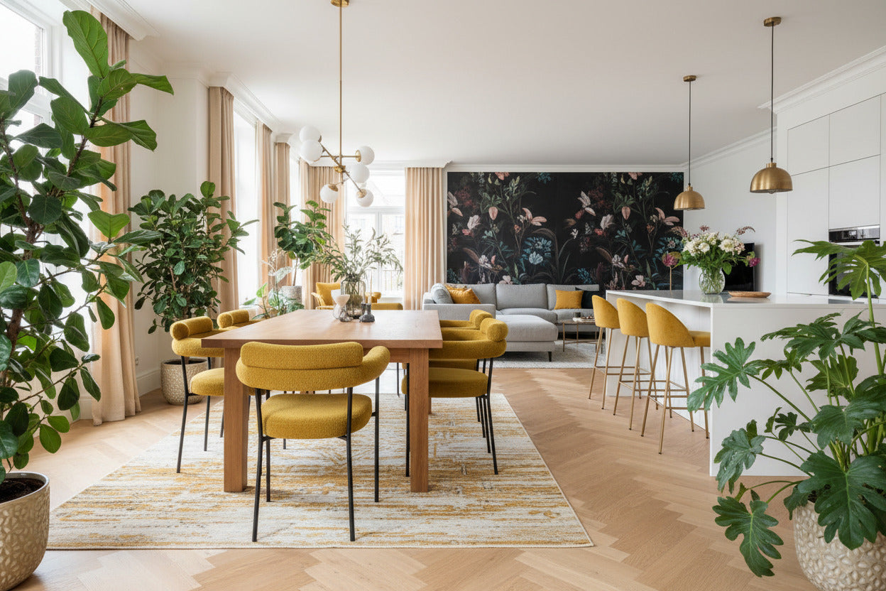 Sillón Cervantes tapizado en bouclé amarillo con patas de metal negro, silla de comedor moderna Alicante