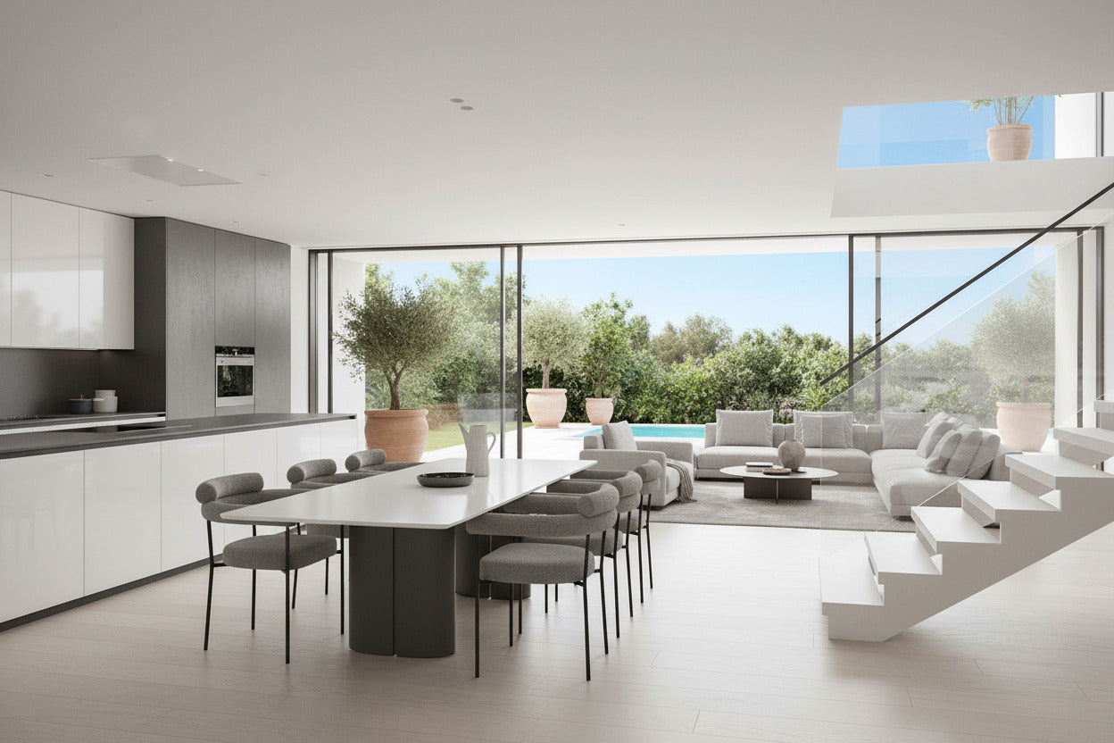 Sillón Cervantes tapizado en bouclé gris con patas de metal negro, silla de comedor moderna