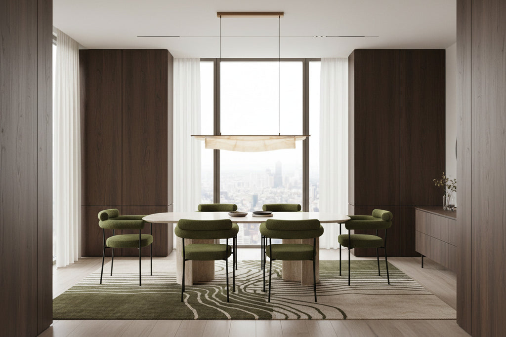 Sillón Cervantes tapizado en bouclé verde oscuro con patas de metal negro, silla de comedor moderna Alicante