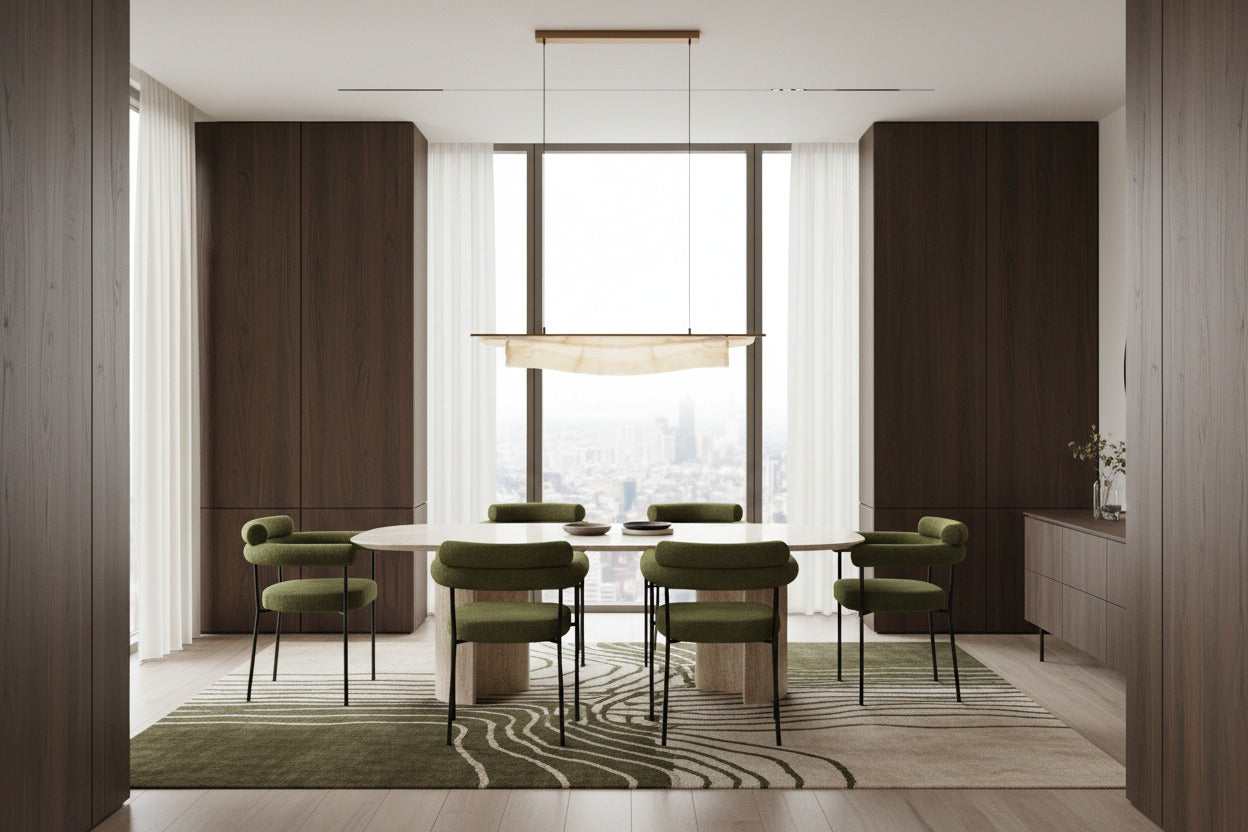 Sillón Cervantes tapizado en bouclé verde oscuro con patas de metal negro, silla de comedor moderna Alicante