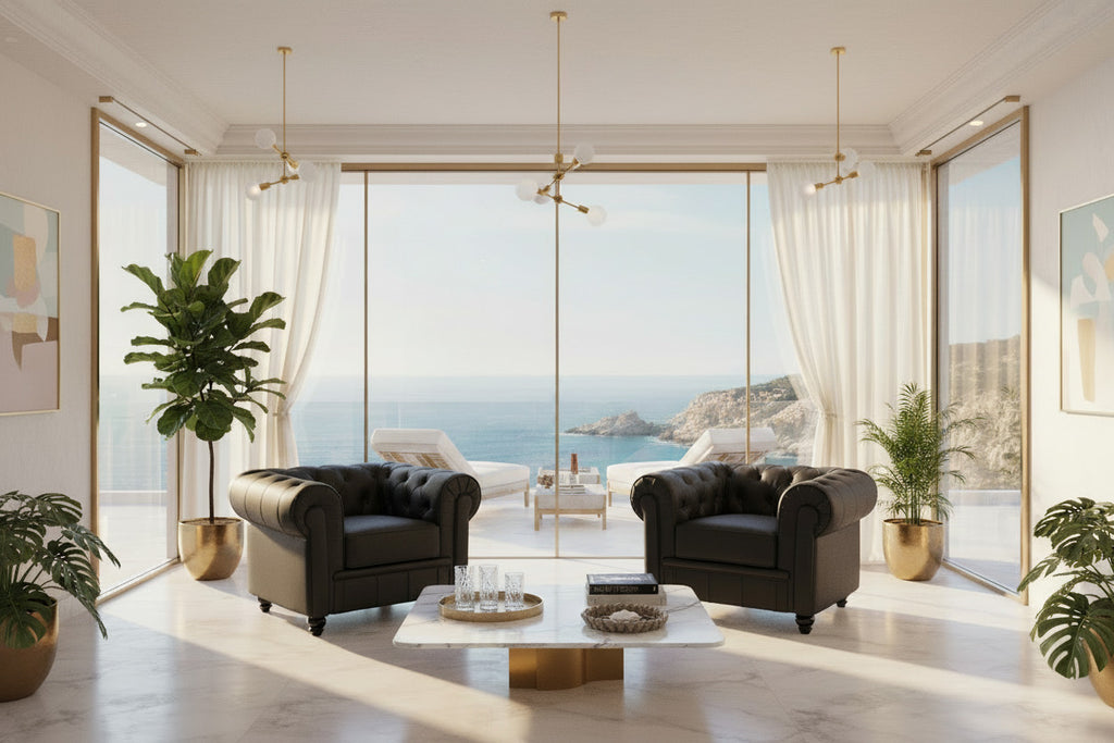 Sillón de diseño tapizado en similpiel negra de estilo moderno, mueble exclusivo para salones y oficinas en Gran Alacant