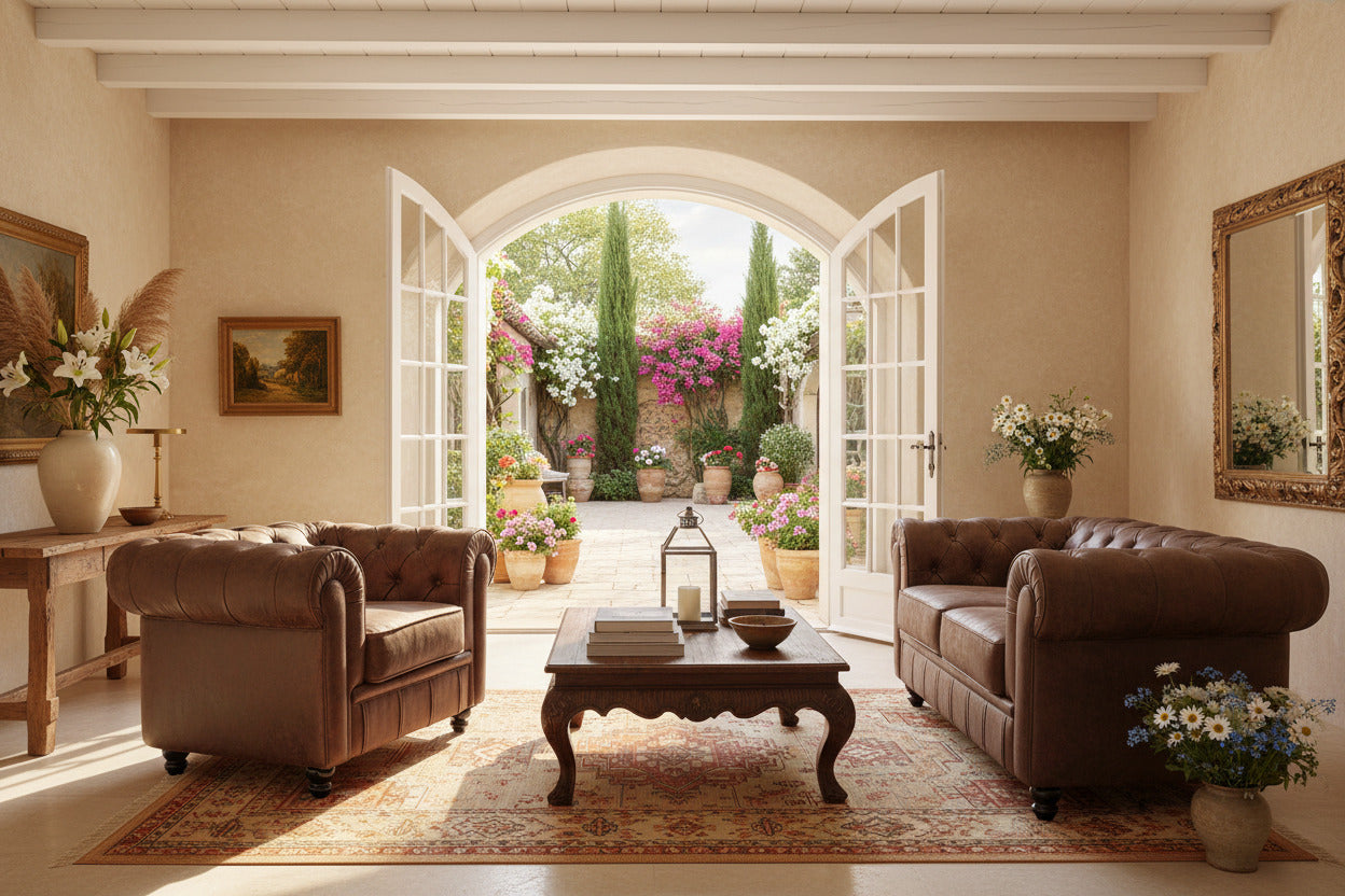 Sillón de diseño tapizado en similpiel vintage marrón, mueble de estilo retro para salones elegantes en la Costa Blanca