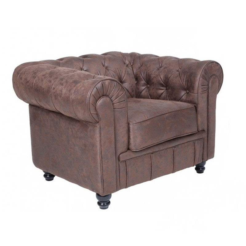 Sillón de diseño tapizado en similpiel vintage marrón, mueble de estilo retro para salones elegantes en Alicante
