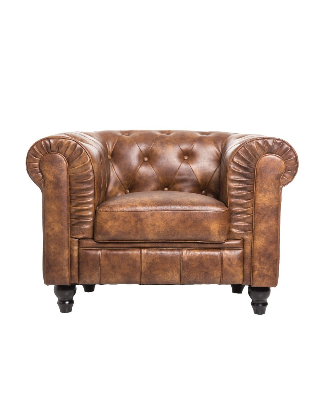 Sillón de diseño en similpiel cuero viejo, estructura de madera maciza y espuma de alta densidad.
