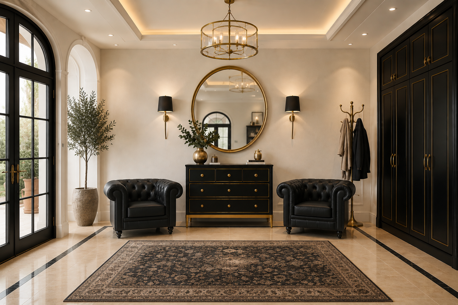 Sillón de diseño tapizado en similpiel negra de acabado liso y brillante, perfil generoso con cojín de asiento integrado y patas oscuras