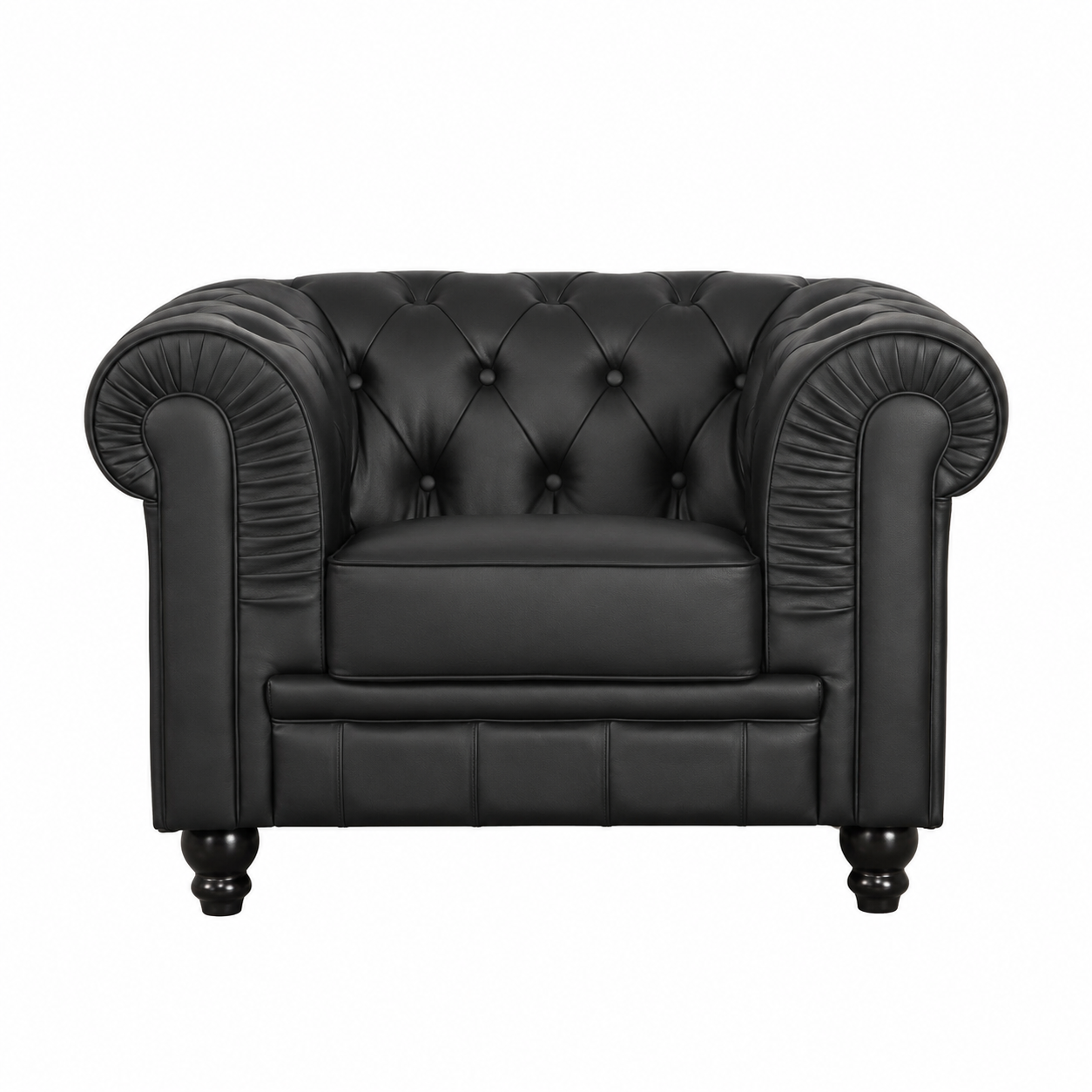 Sillón de diseño en similpiel negra, estructura de madera maciza y espuma de alta densidad.