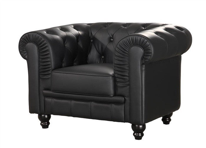 Sillón de diseño tapizado en similpiel negra de acabado liso y brillante, perfil generoso con cojín de asiento integrado y patas oscuras. 