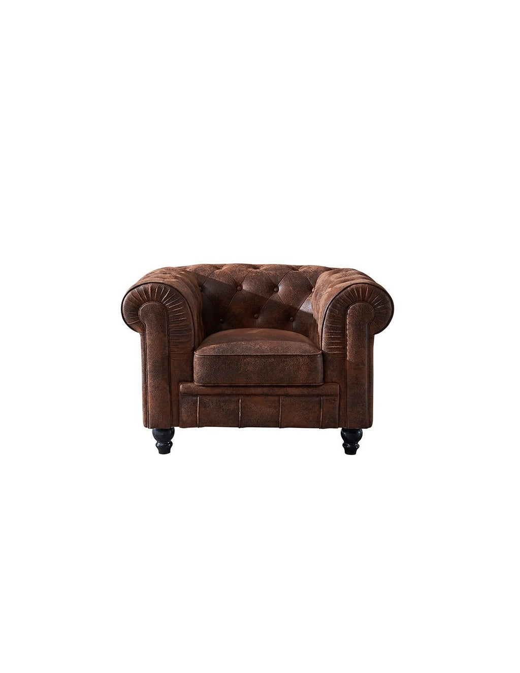 Sillón de diseño Chester tapizado en similpiel de cuero vintage envejecido, perfil generoso, cojín de asiento integrado y patas oscuras.