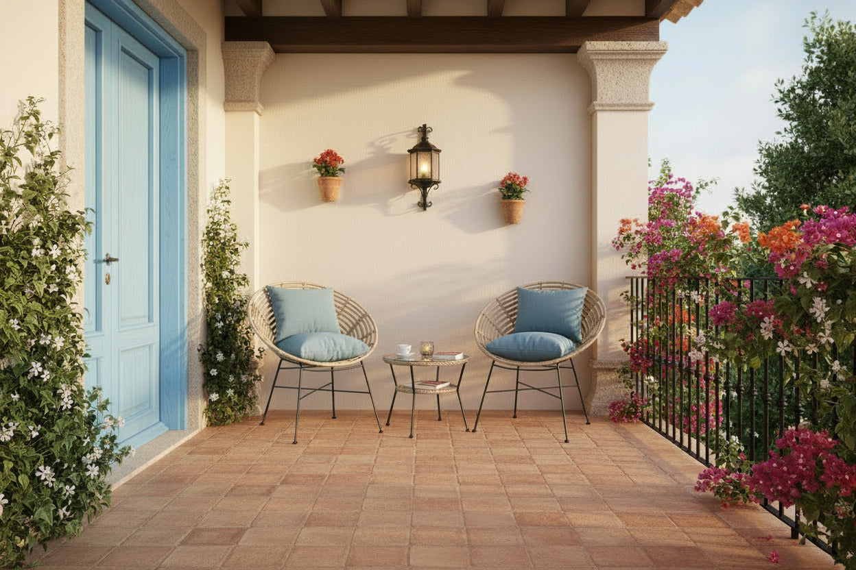 Sillón de ratán sintético beige con base metálica negra mate para salones y balcones de Alicante