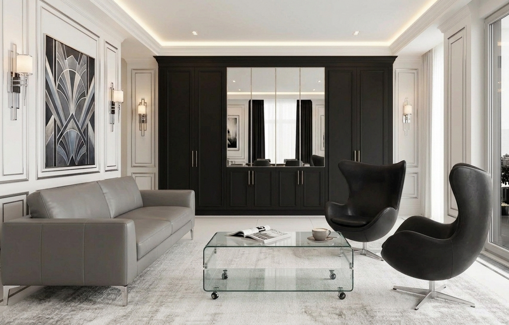 Sillón giratorio EG en similpiel negra - una pieza que redefine cualquier espacio con su silueta orgánica en fibra de vidrio, base cromada de alto brillo y mecanismo basculante. Elegancia definitiva y presencia inmediata.