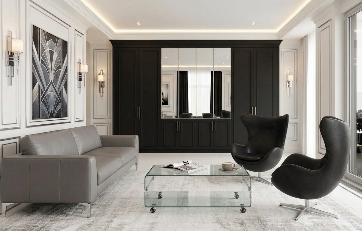 Sillón giratorio EG en similpiel negra - una pieza que redefine cualquier espacio con su silueta orgánica en fibra de vidrio, base cromada de alto brillo y mecanismo basculante. Elegancia definitiva y presencia inmediata.