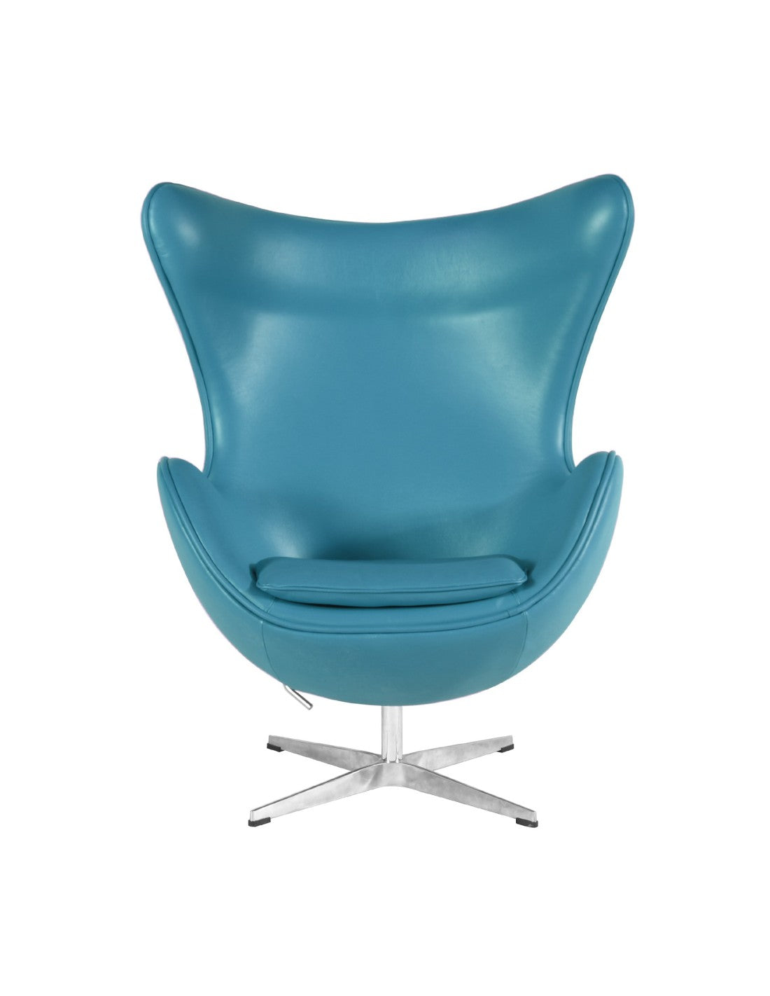 Sillón giratorio EG en similpiel turquesa, base cromada de alto brillo y mecanismo basculante con mando cromado. 