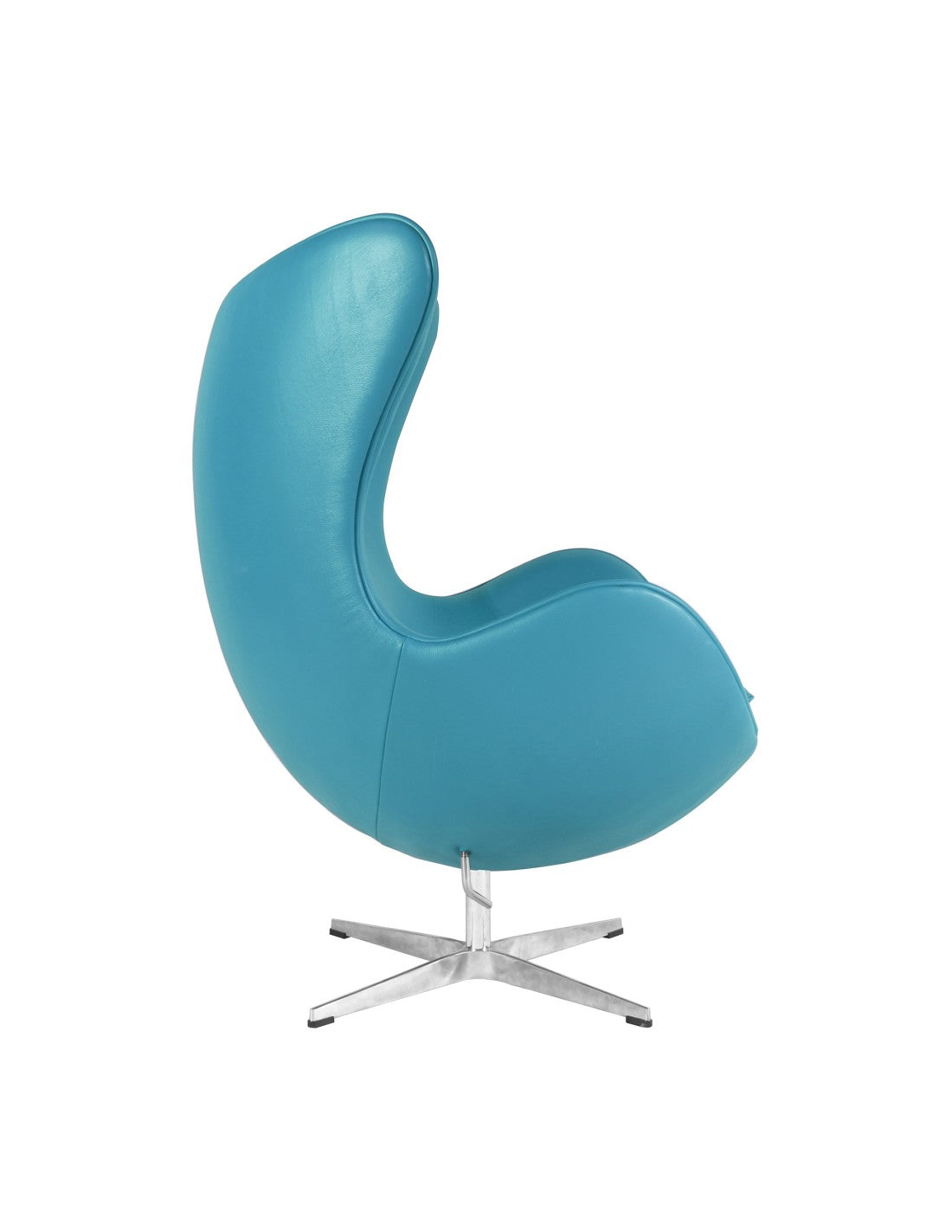 Sillón de diseño EG giratorio tapizado en similpiel turquesa, con estructura de fibra de vidrio, base y columna cromada y mecanismo de basculación con mando cromado. Ancho 87 cm, fondo 80 cm, altura total 110 cm.