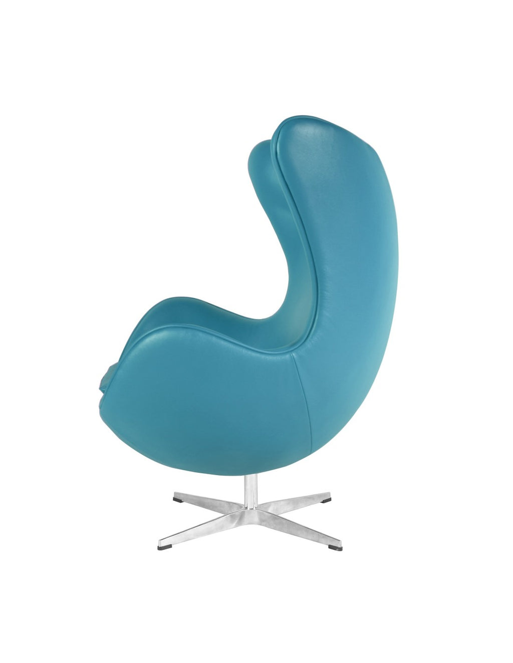 Sillón giratorio EG en similpiel turquesa — forma icónica en fibra de vidrio, base cromada de alto brillo y mecanismo basculante con mando cromado. Pieza statement de alto impacto visual. 