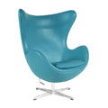 Sillón de diseño EG giratorio en similpiel turquesa, base y columna cromada, mecanismo basculante y estructura de fibra de vidrio.