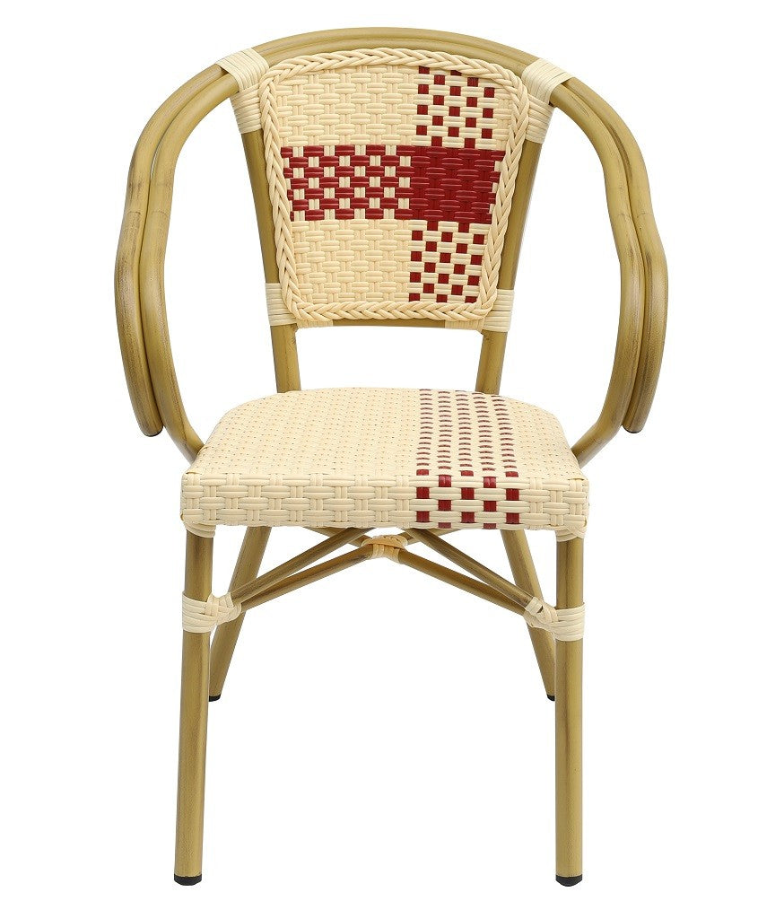 Sillón GARNIER, apilable, aluminio, ratán beige y rojo