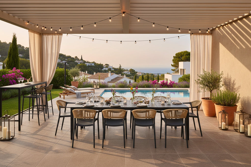 Sillón apilable gris oscuro con respaldo de cuerda natural para terrazas en Orihuela Costa