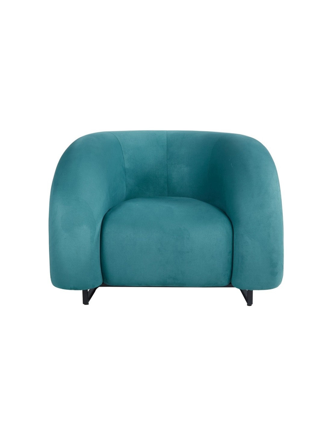 Sillón KARLOVY tapizado en velvet turquesa, estructura interna de madera, base metálica epoxi negro y espuma de gran densidad. 