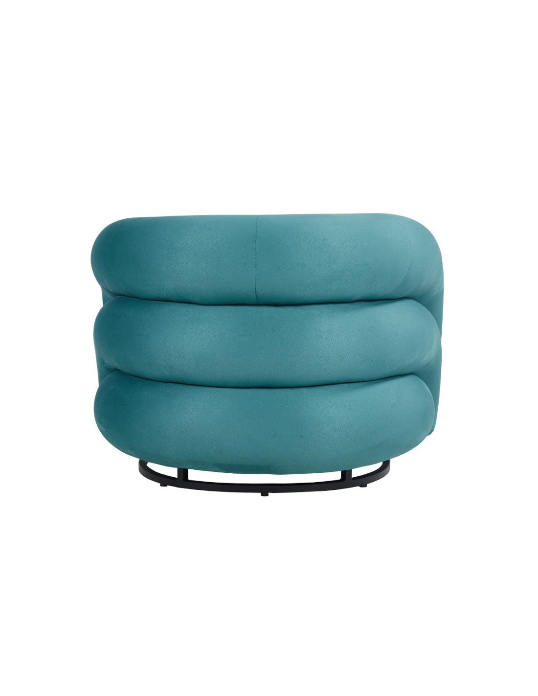 Sillón de diseño KARLOVY tapizado en tejido velvet color turquesa intenso, forma redondeada.