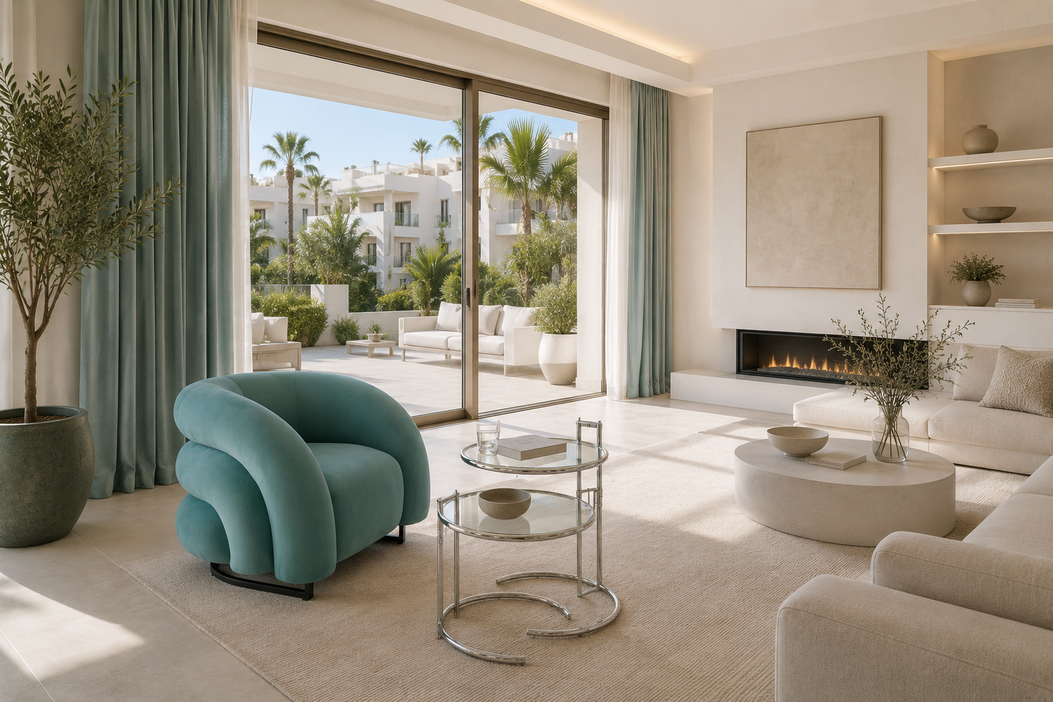 Sillón de diseño KARLOVY en terciopelo turquesa vibrante, de líneas orgánicas y acogedoras con base epoxi negro. Disponible en otros colores bajo pedido.