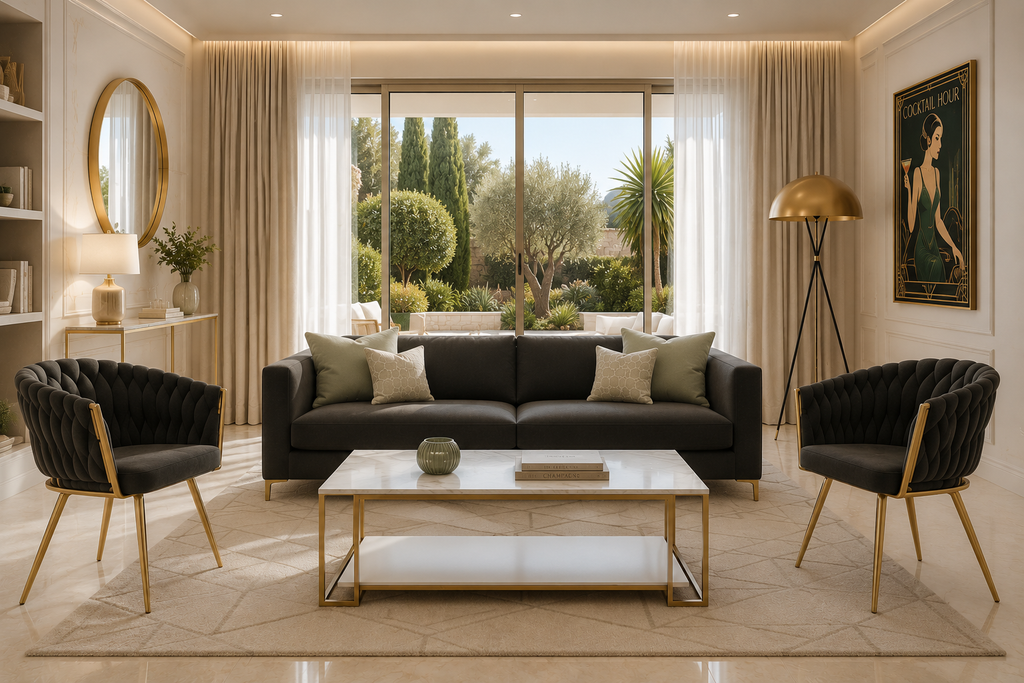 Sillón de diseño KING en terciopelo gris oscuro con estructura dorada, elegancia y confort premium para salones modernos en Valencia.