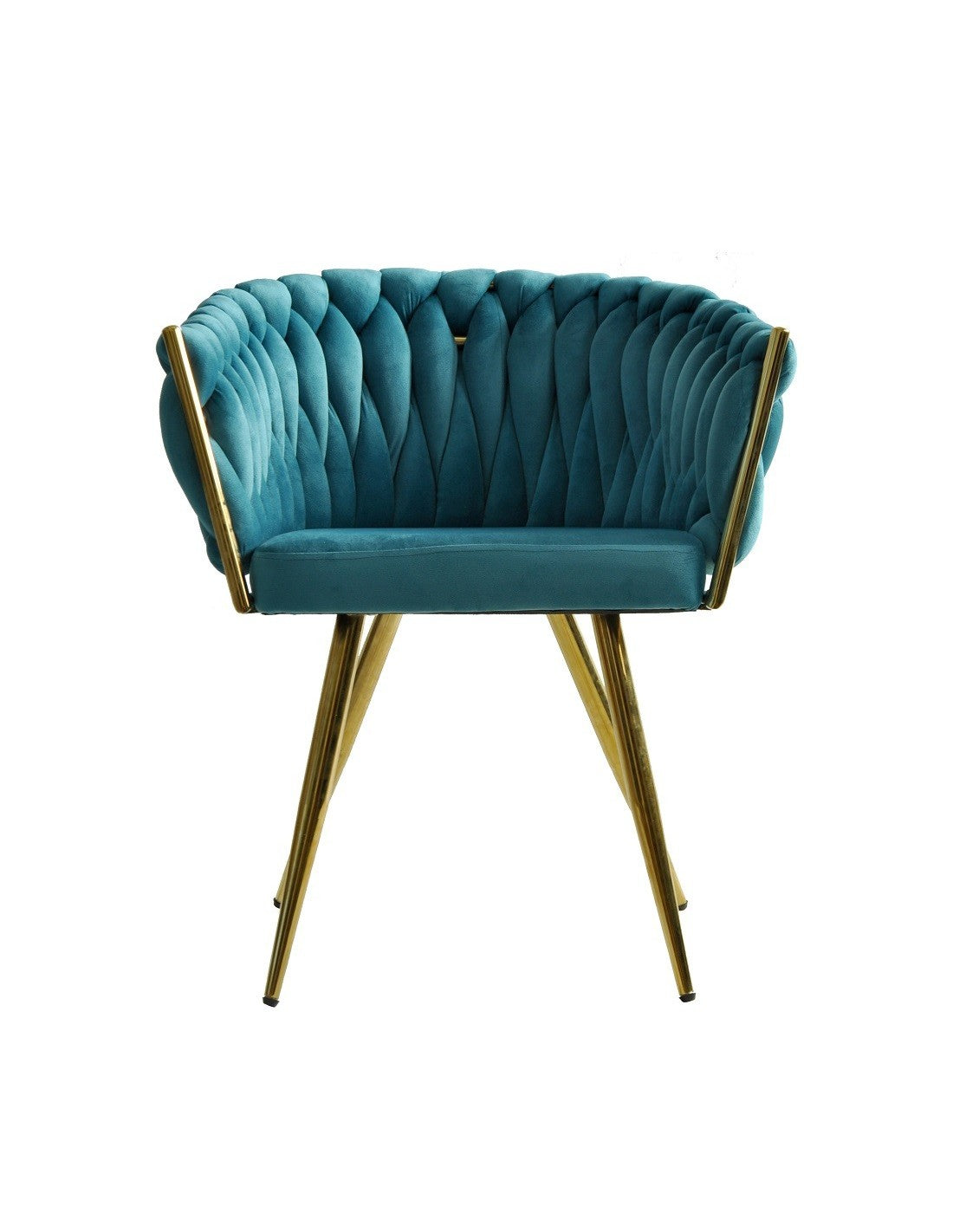 Detalle del suave tejido de terciopelo turquesa mediterráneo y acabado cromado oro del sillón premium KING.