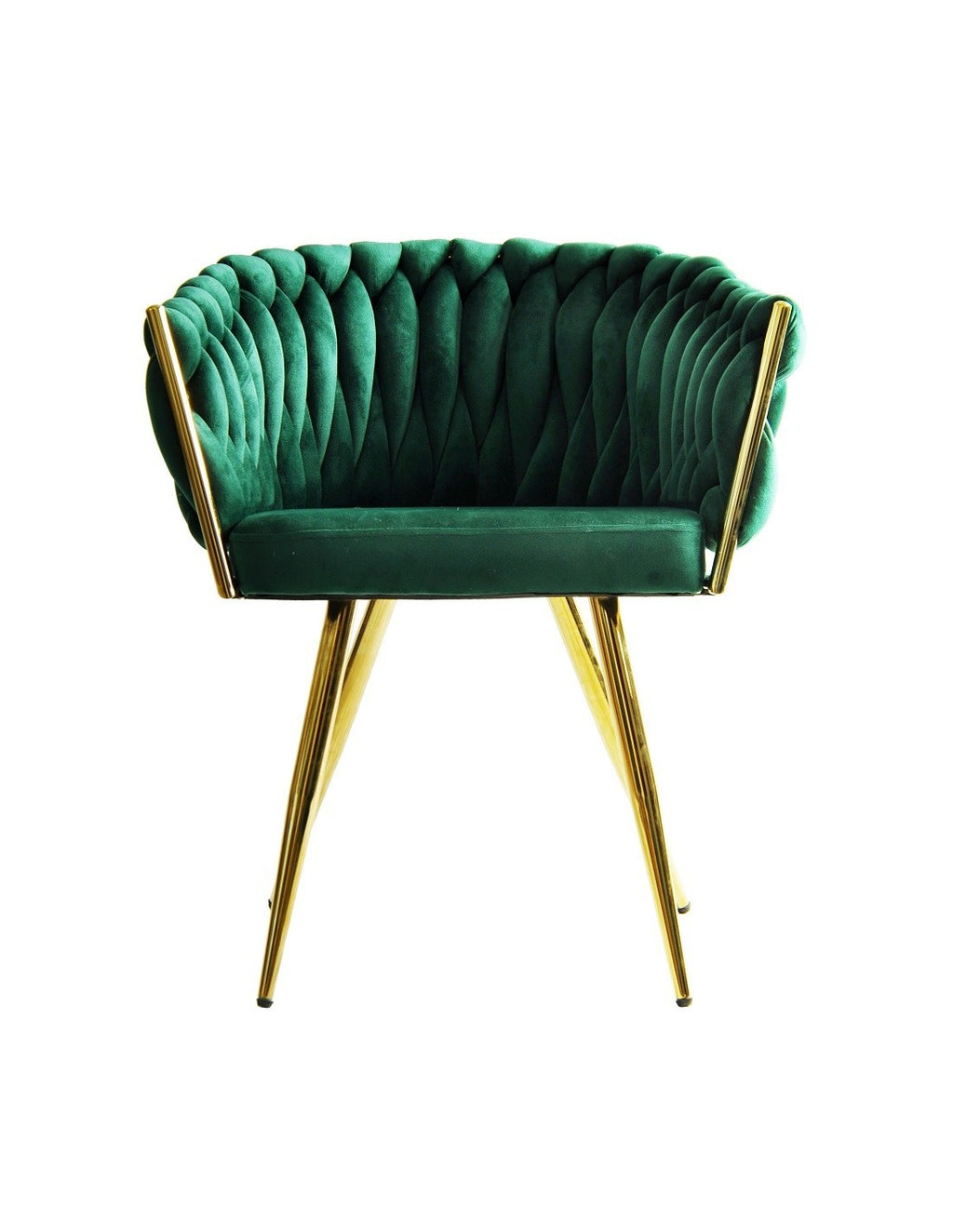Primer plano del suave tejido velvet verde oscuro y el acabado metálico dorado brillante del sillón de alta gama KING.