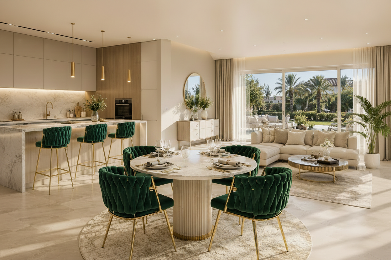 Sillón moderno con respaldo envolvente de terciopelo verde oscuro y armazón cromado oro para proyectos de decoración en Cartagena.