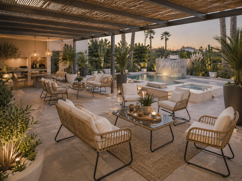 Sillón de ratán beige y metal negro para porche o jardín en Pilar de la Horadada. Mueble de exterior de alta gama con cojín incluido, ideal para crear espacios de relax con estilo en la Costa Blanca