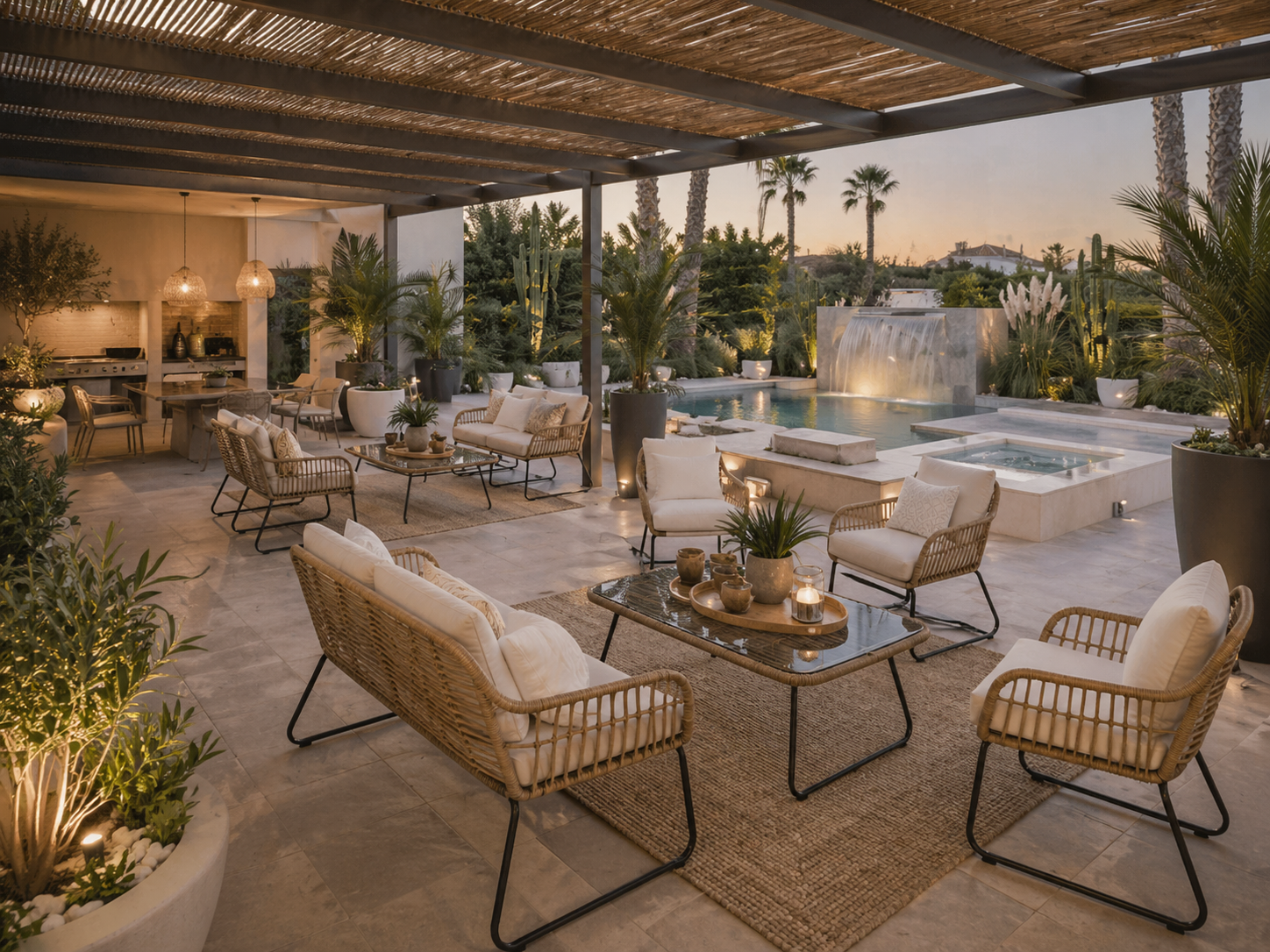 Sillón de ratán beige y metal negro para porche o jardín en Pilar de la Horadada. Mueble de exterior de alta gama con cojín incluido, ideal para crear espacios de relax con estilo en la Costa Blanca