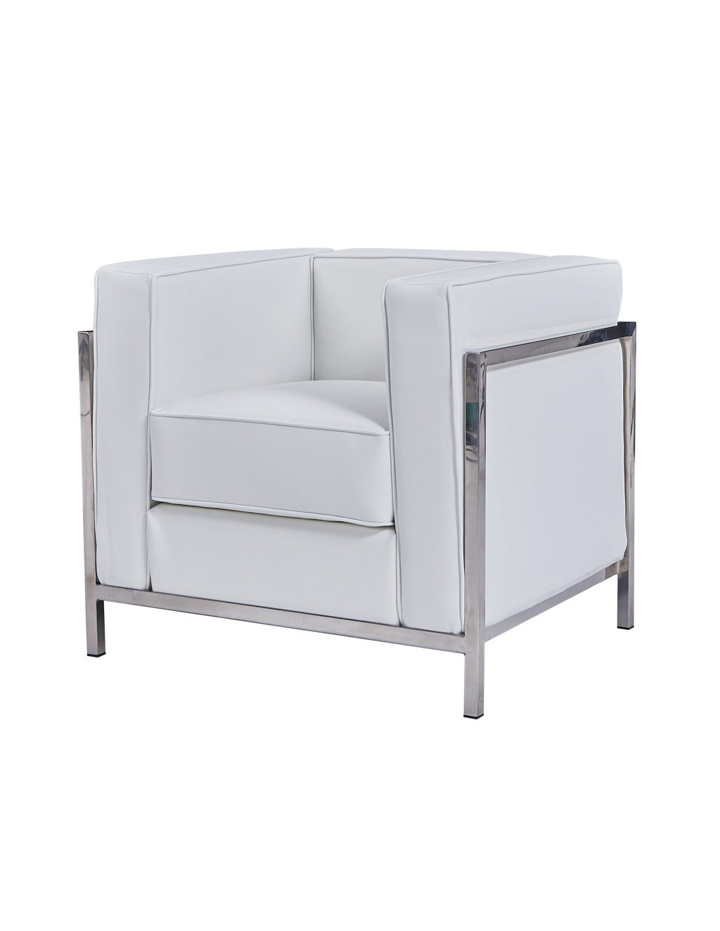 Sillón de diseño LOBBY con estructura de acero inoxidable y tapizado en similpiel blanca de Granada