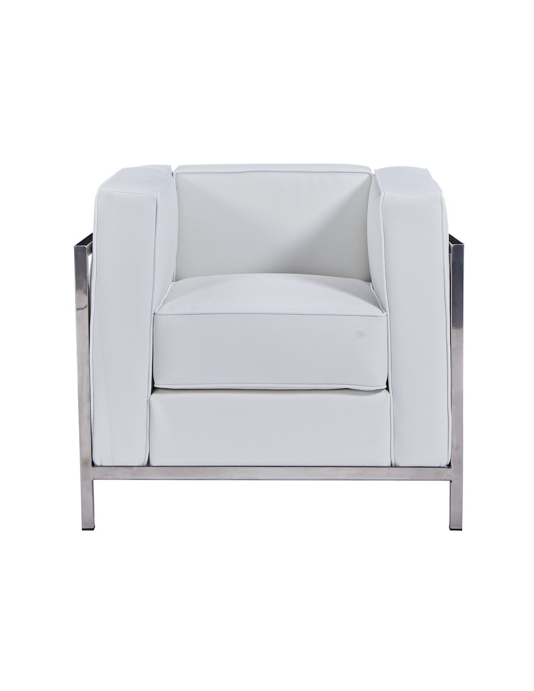 Detalle del tapizado en similpiel blanca premium y estructura tubular de acero inoxidable pulido del sillón LOBBY