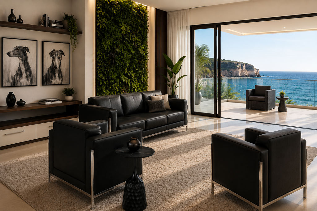 Sillón minimalista de cuero sintético negro y tubo de acero cromado en una oficina moderna en Sevilla
