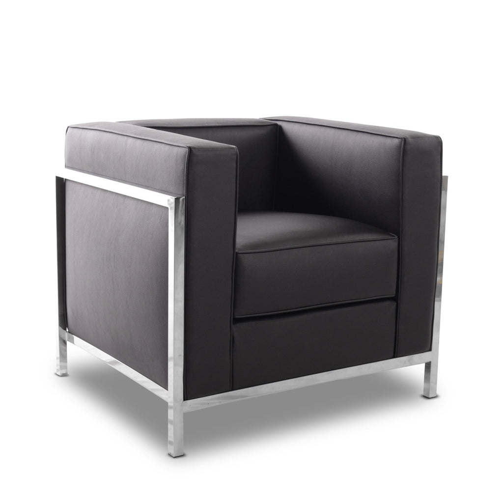 Sillón de diseño LOBBY con estructura de acero inoxidable y tapizado en similpiel negra para salón o despacho