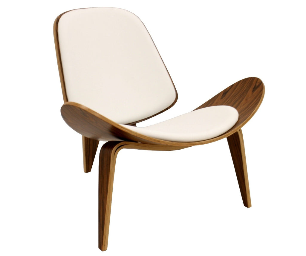 Sillón de diseño NORDIC con armazón de madera de palo rosa y tapizado en similpiel blanca