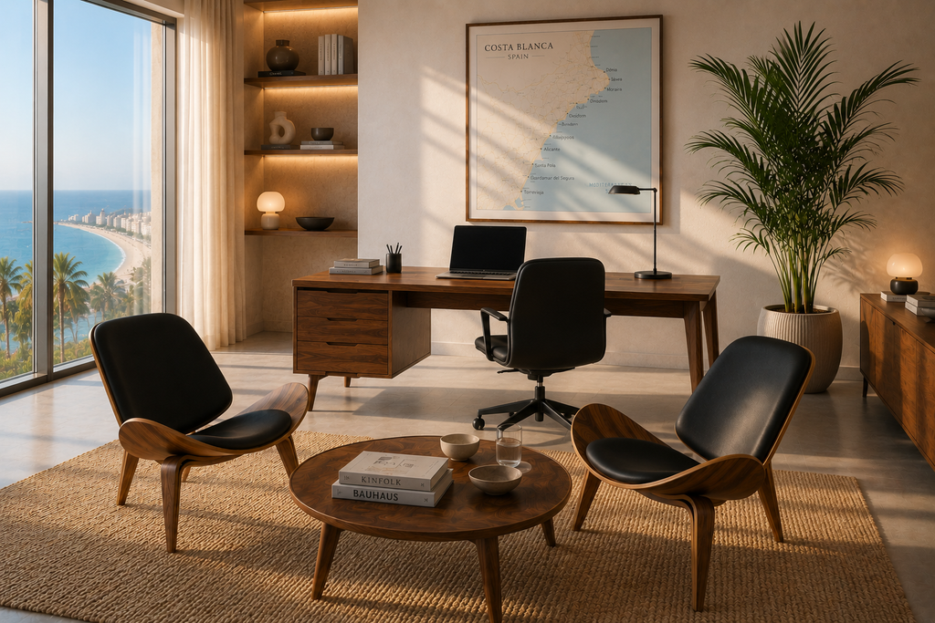 Sillón de madera curvada premium estilo nórdico oscuro y piel sintética negra para interiorismo