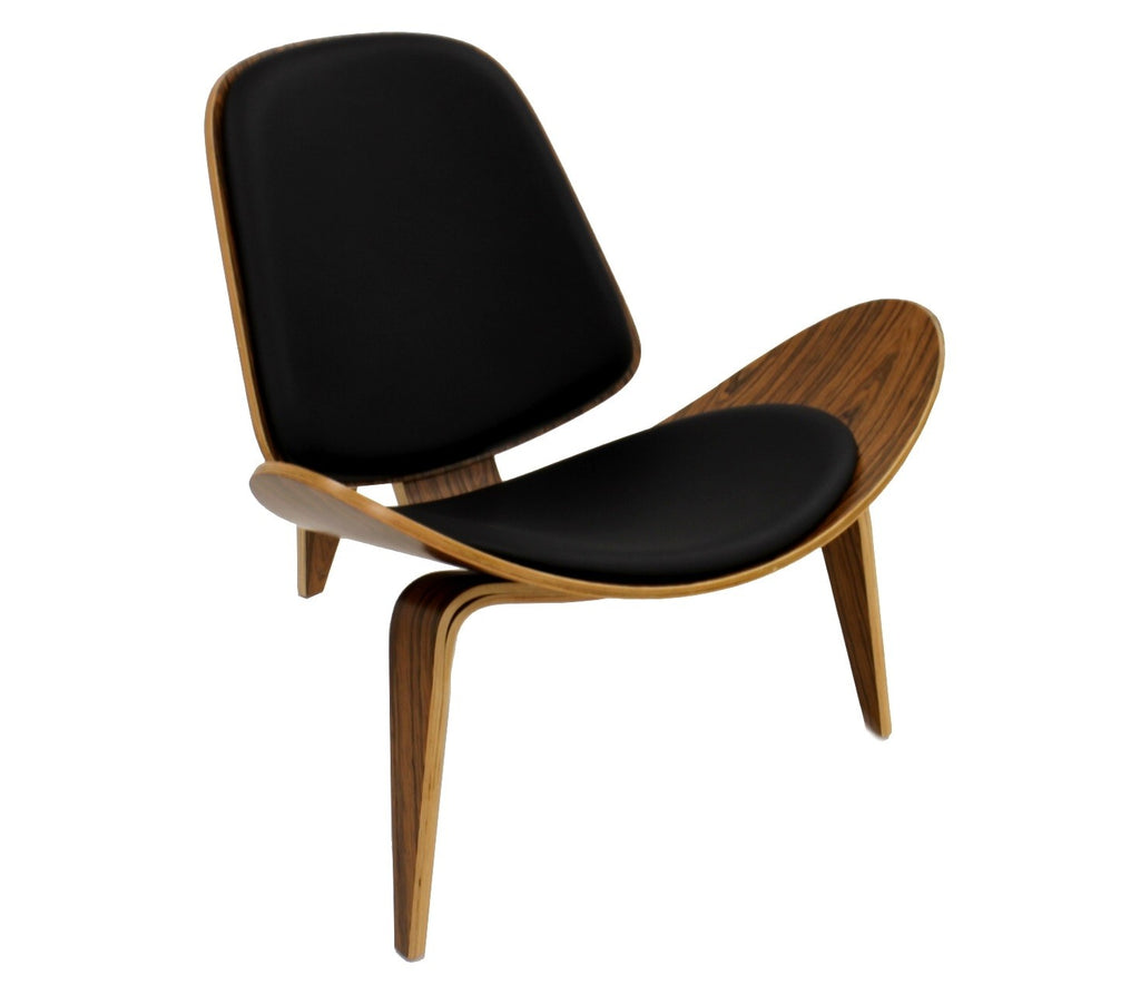 Sillón de diseño nórdico con armazón de madera curvada de palo rosa oscuro y tapizado negro