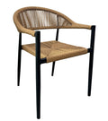 Sillón apilable de diseño moderno para exterior e interior, con armazón de aluminio negro y asiento y respaldo trenzados en ratán sintético de color marrón