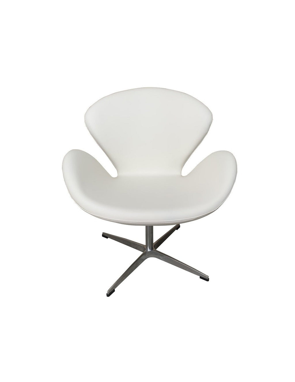 Sillón de diseño SW giratorio tapizado en similpiel blanca de acabado liso y luminoso, con base de aluminio.