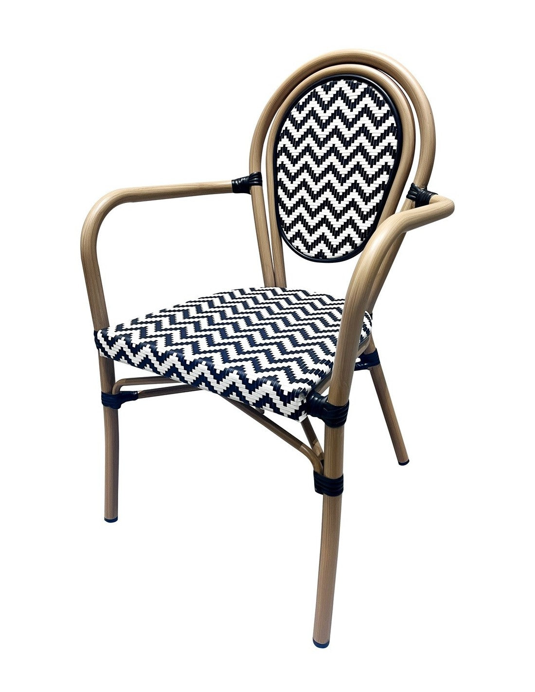 Sillón de terraza de lujo en Cabo Roig de aluminio efecto bambú y mesh blanco y negro