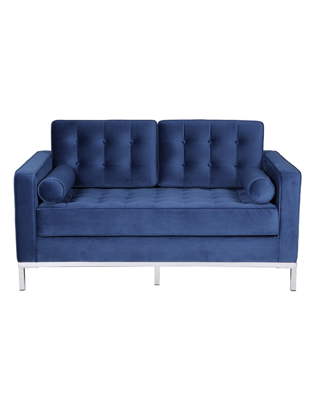 Sofá de dos plazas tapizado en tejido velvet color azul profundo, base de acero inoxidable en acabado brillo y dos cojines de asiento integrados. 