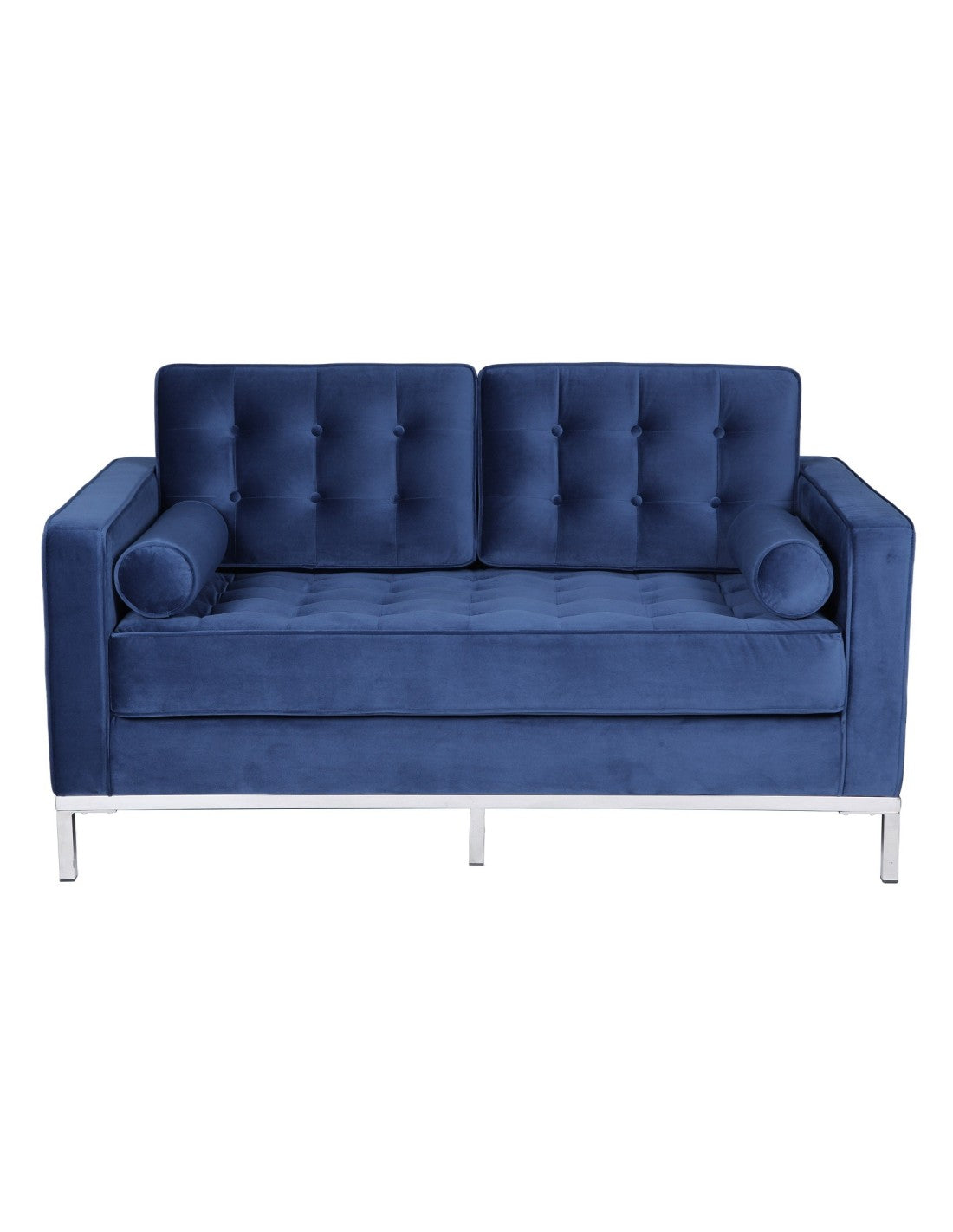 Sofá de dos plazas tapizado en tejido velvet color azul profundo, base de acero inoxidable en acabado brillo y dos cojines de asiento integrados. 