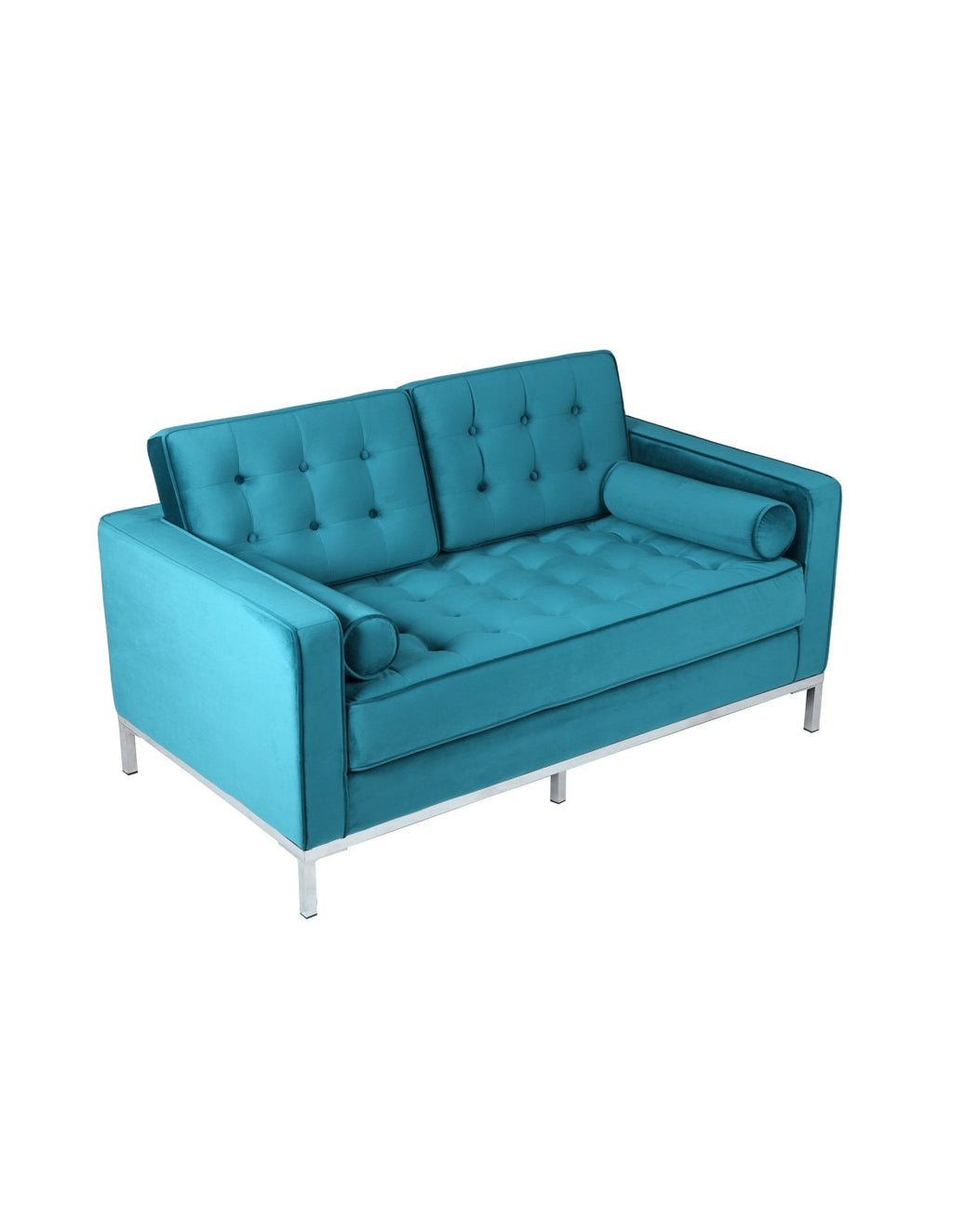 Sofá de dos plazas tapizado en tejido velvet color turquesa intenso, con base de acero inoxidable en acabado brillo y dos cojines de asiento integrados. 