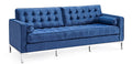 Sofá 3 plazas en velvet azul con base de acero inoxidable brillo, armazón de madera y espuma de alta densidad. 