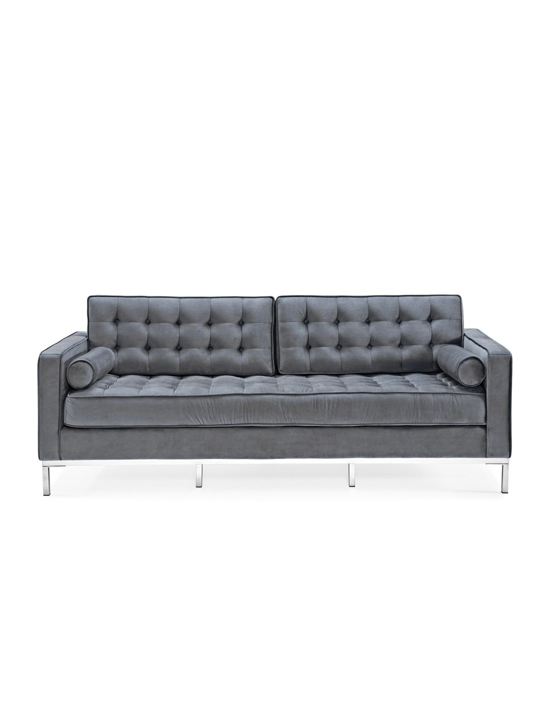 Sofá 3 plazas en velvet gris con base de acero inoxidable brillo y armazón de madera. Medidas: 205 × 80 × 80 cm. Sofá de 2 plazas a juego. Certificado UNE.