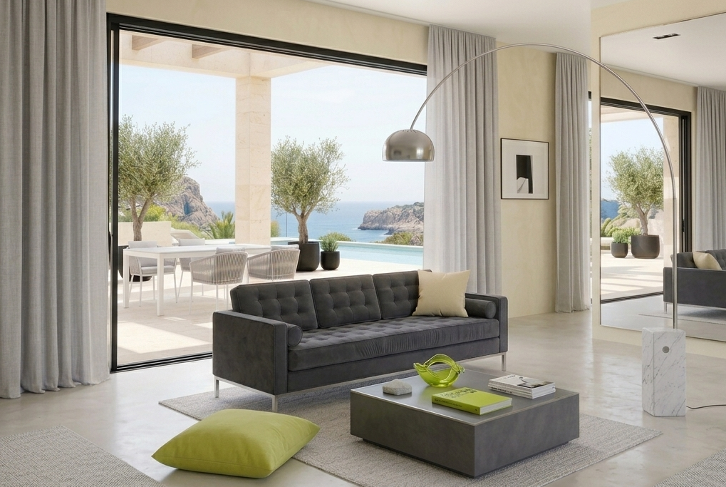 Sofá de tres plazas tapizado en tejido velvet color gris de perfil amplio y contemporáneo, base de acero inoxidable brillante y tres cojines de asiento integrados.