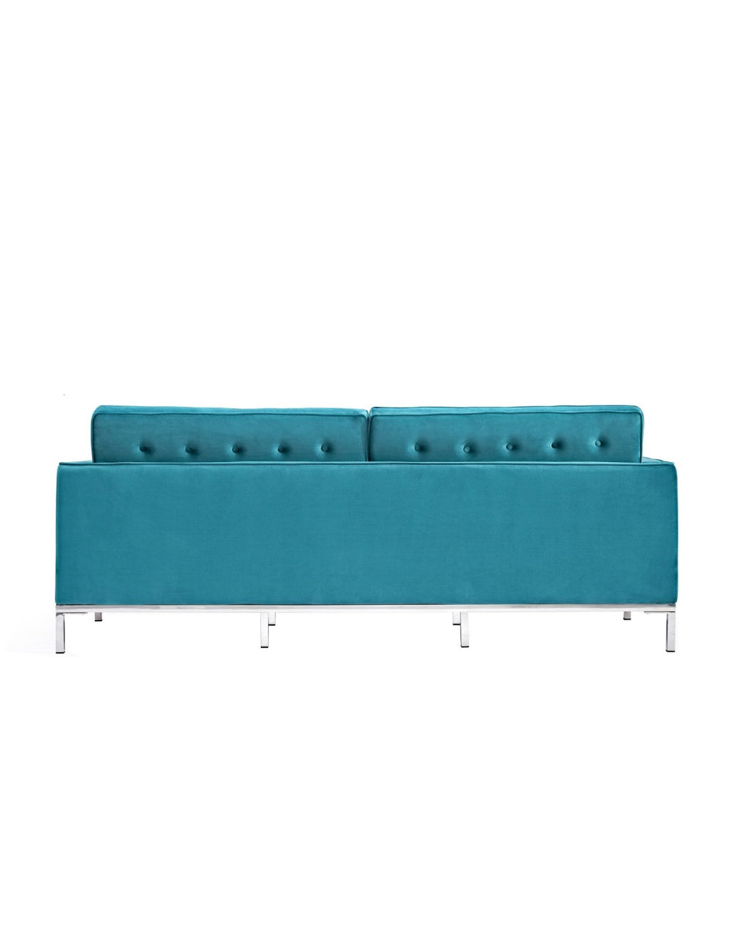 Sofá de tres plazas ARLES tapizado en tejido velvet color turquesa intenso, con base de acero inoxidable en acabado brillo. 