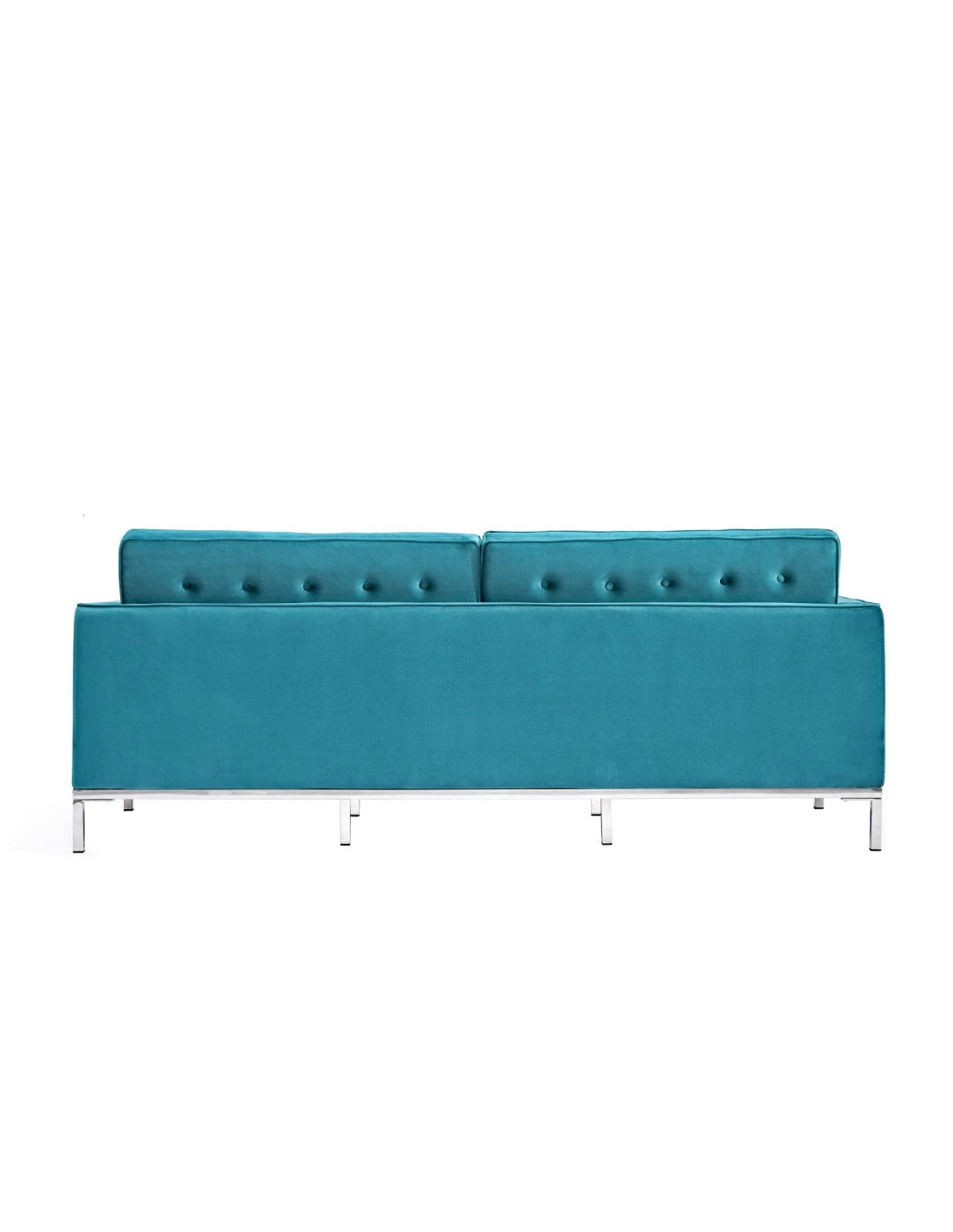 Sofá de tres plazas ARLES tapizado en tejido velvet color turquesa intenso, con base de acero inoxidable en acabado brillo. 