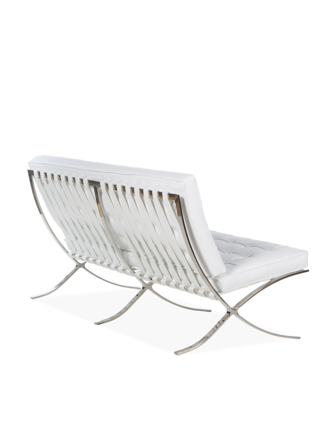 Sofá BARNA de diseño vanguardista de 2 plazas en similpiel blanca con llamativa estructura de acero inoxidable disponible en otros colores bajo pedido.